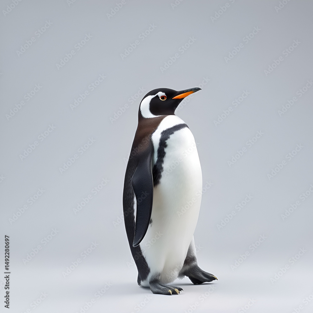 Fototapeta premium Full shot of adult subantarctic gentoo penguin Pygoscelis papua in studio on gray background