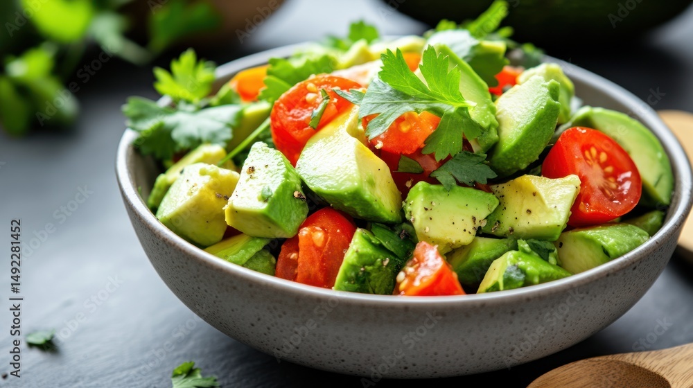 Close-up of fresh salad with avocado, tomatoes, and cilantro on a plate, a nutritious snack. Close-up of fresh salad with avocado, tomatoes, and cilantro on a plate, a nutritious snack.