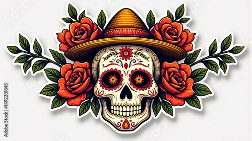 Sugar Skull with Roses and Sombrero - Dia de los Muertos Celebration