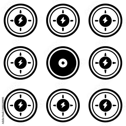 Nine variations of a lightning bolt in a circle icon set