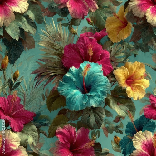 Wallpaper Mural Floral Pattern with Hibiscus Flowers and Tropical Leaves Torontodigital.ca