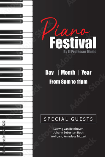 Piano Festival poster template with piano keys - vector design.