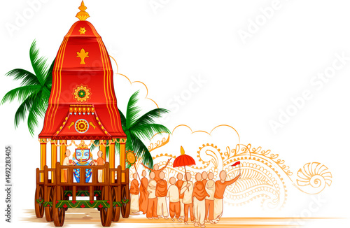 illustration of Lord Jagannath, Balabhadra and Subhadra on annual Rathayatra in Odisha festival background