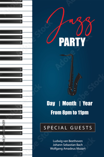 Jazz party poster template with piano keys and saxophone - vector design.
