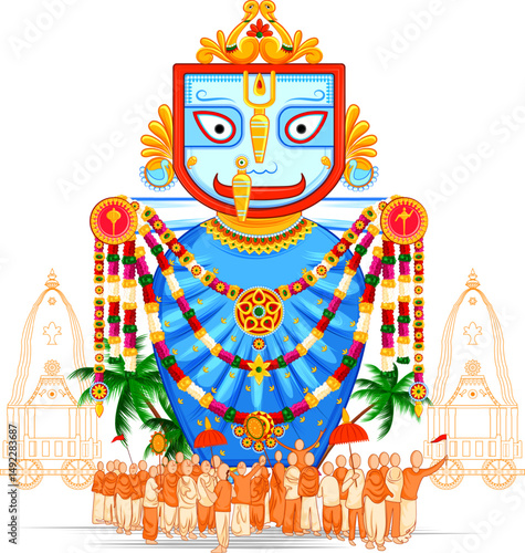 illustration of Lord Jagannath, Balabhadra and Subhadra on annual Rathayatra in Odisha festival background