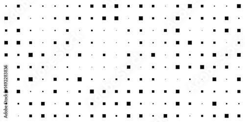 Seamless dotted black square pattern on white background. Geometric minimal digital design with different square shapes. Abstract vector illustration.
