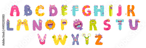 Cute monster alphabet font. Colorful letters from A to Z designed as funny monsters with eyes, teeth, horns, and unique textures. Cartoon vector illustration.