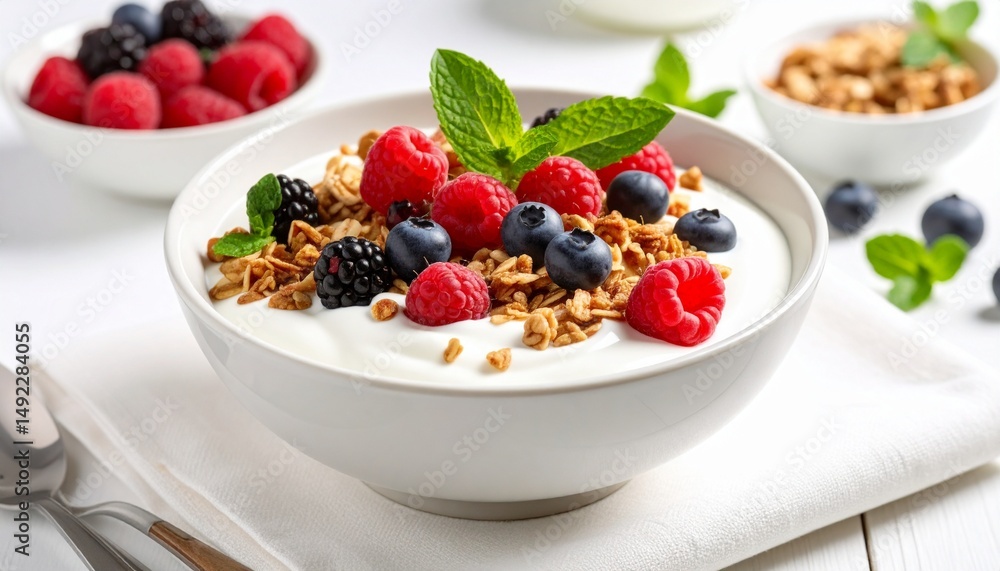 Yogurt bowl with granola, berries, and mint, served on white tablecloth Yogurt bowl with granola, berries, and mint, served on white tablecloth