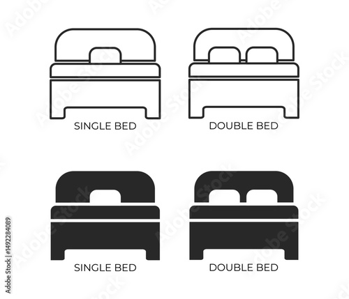 Icons showing single and double beds in outline and filled styles. Represents accommodation or bedroom furniture options.