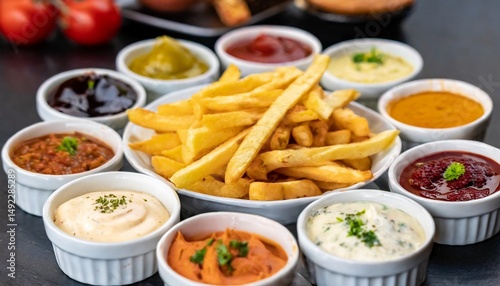 Dipping sauces arranged around French fries