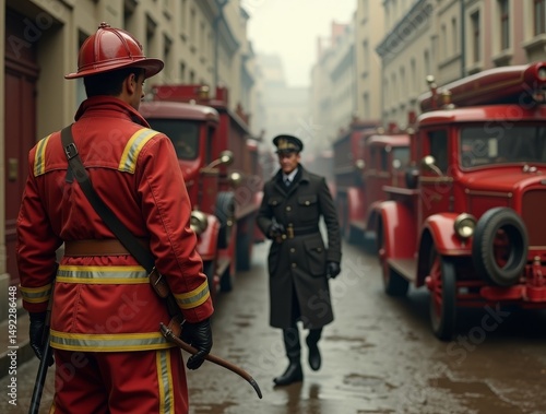 A retro firefighter scene from the early 1900s, featuring old-fashioned firefighting gear, vintage firetrucks, and classic uniforms