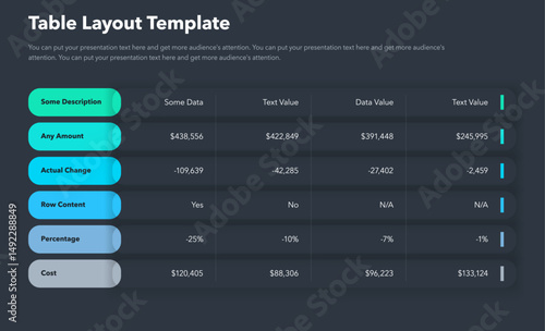 Table layout template with six colorful rows - dark version. Simple flat template for project data visualization.