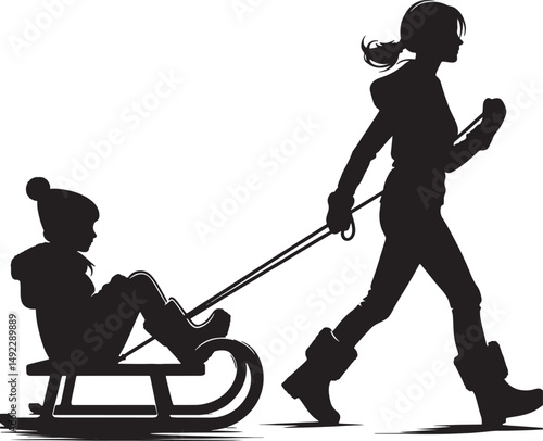 Silhouette of woman pulling child on sled in winter against a white background art