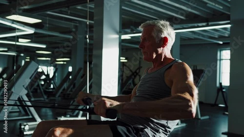 Elderly Man Using Rowing Machine Workout