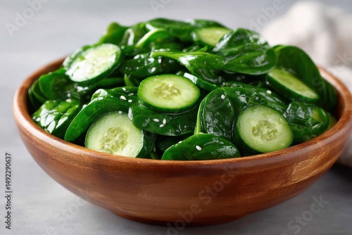Fresh spinach and cucumber salad with sesame dressing in a wooden bowl