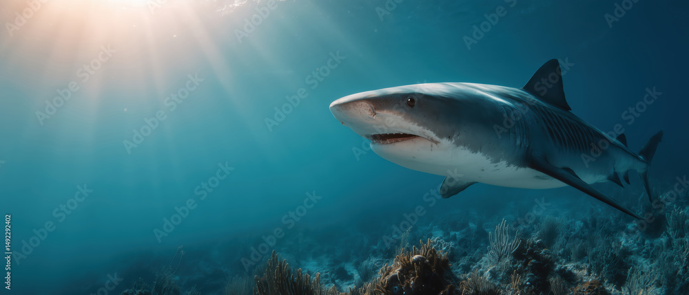 Fototapeta premium Shark swimming gracefully in ocean depths underwater nature