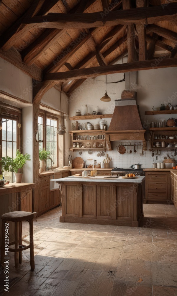 Rustic farmhouse kitchen with wooden accents and exposed beams, comfortable, decor Rustic farmhouse kitchen with wooden accents and exposed beams, comfortable, decor