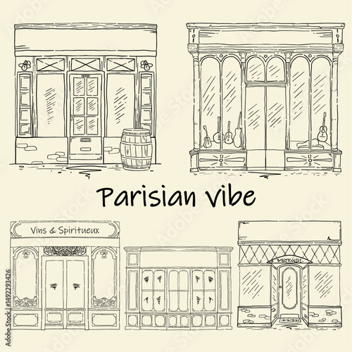 Ensemble de vitrines de magasin, inspiration parisienne, Tourisme parisien, fichier vectoriel