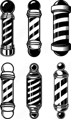 Set of illustrations of barbershop pole. Traditional barbers pole. Design elements for logo, emblem, sign. Vector illustration