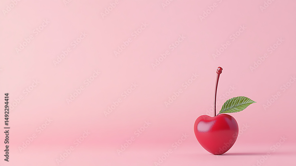 Obraz premium Single stylized red cherry with stem and green leaf stands against a light pink background, casting a soft shadow on the surface