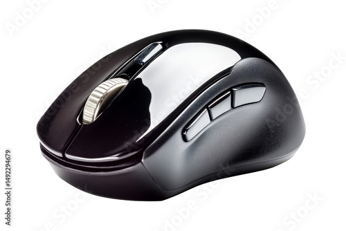 Glossy Black Ergonomic Mouse with Buttons and Wheel, cut out transparent