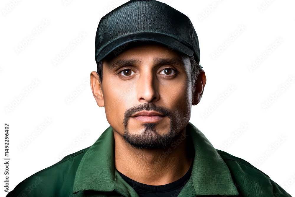 Fototapeta premium Hispanic man portrait with cap and green jacket, cut out transparent