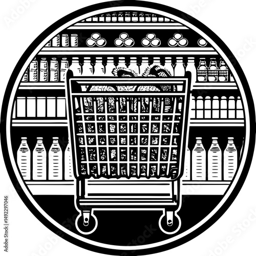 Grocery cart and shelves in silhouette vector illustration