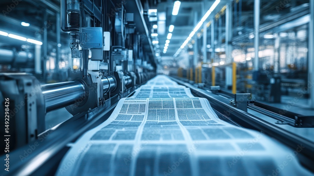Factory printing press, newspaper production line, industrial process, large-scale printing, mass media background Factory printing press, newspaper production line, industrial process, large-scale printing, mass media background