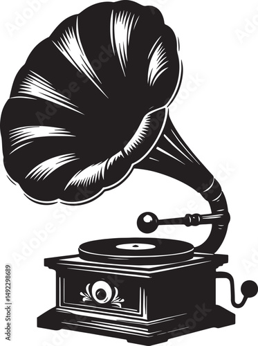 A detailed black and white illustration of a vintage gramophone with a record on it