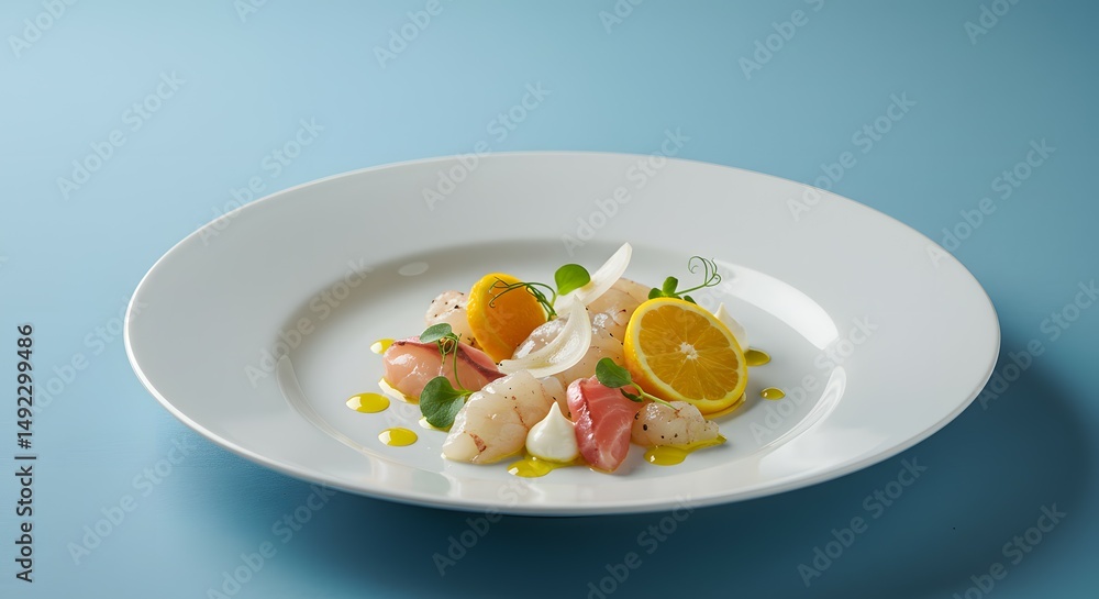 Elegant Seafood Salad with Citrus Dressing A Culinary Delight. Fresh Shrimp, Grapefruit, and Orange Segments artfully arranged on a pristine white plate Elegant Seafood Salad with Citrus Dressing A Culinary Delight. Fresh Shrimp, Grapefruit, and Orange Segments artfully arranged on a pristine white plate