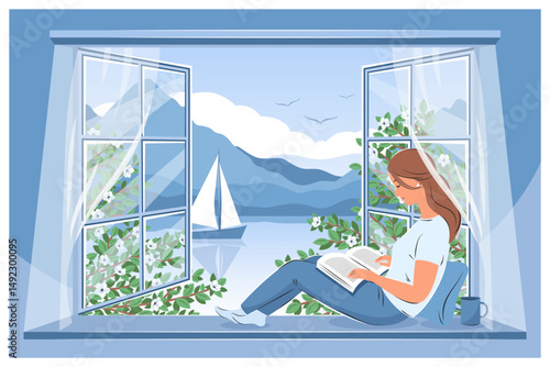 Woman reading book and sitting at the summer window overlooking the mountains and sailboat. Tourism concept, travel, vacation with a book. Vector illustrationfor bookstore, library.