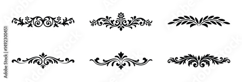 Six elegant black floral swirls design elements