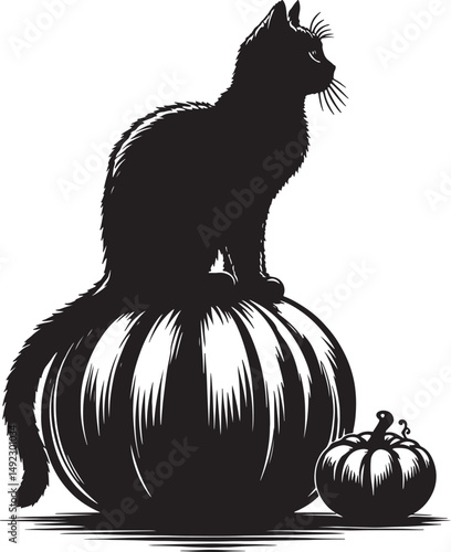 Silhouette of a black cat sitting atop a large pumpkin with a smaller one nearby