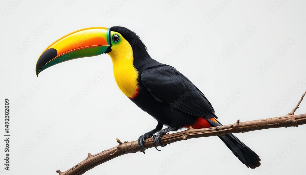 Fototapeta premium A brightly coloured straight beaked toucan sits on a tropical branch against a background of pure white. A clear profile shot showing a huge iridescent beak with orange, green and yellow hues