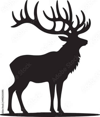 A silhouette of a deer with large antlers standing against a white background view