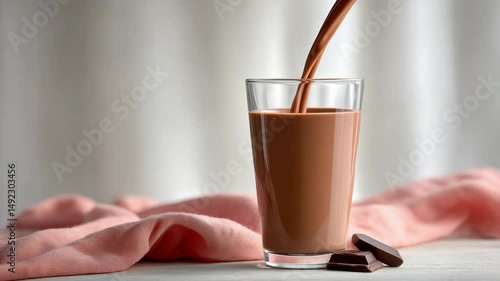 Glass of chocolate milk is poured into a glass. A piece of chocolate is floating in the milk