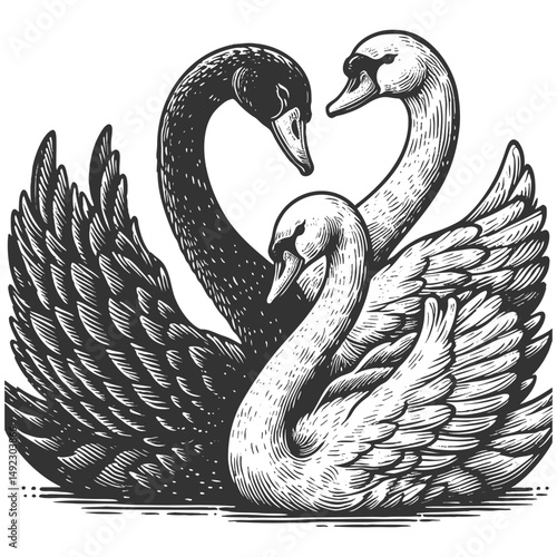 black swan surrounded by white swans, representing an outlier, rarity, or unexpected disruptive force sketch engraving generative ai vector illustration. Scratch board imitation. Black and white image