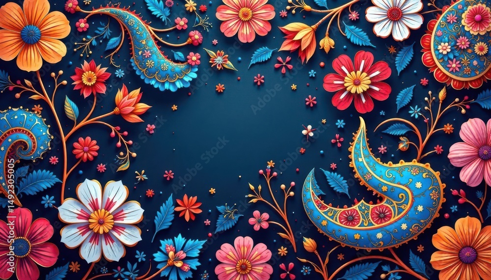 Fototapeta premium Intricate paisley floral pattern in vibrant hues, seamless, retro