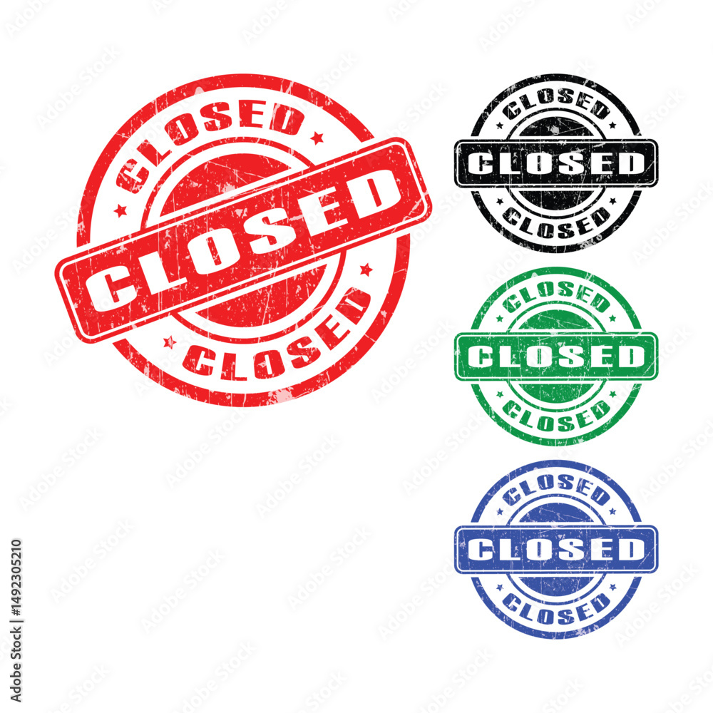 Obraz premium Closed Grunge Stamp Set in Red, Black, Green, and Blue – Vector Icon Collection