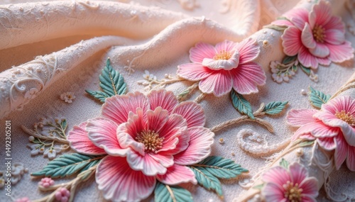 Delicate floral lace fabric with intricate detailing , surface, texture, embroidery