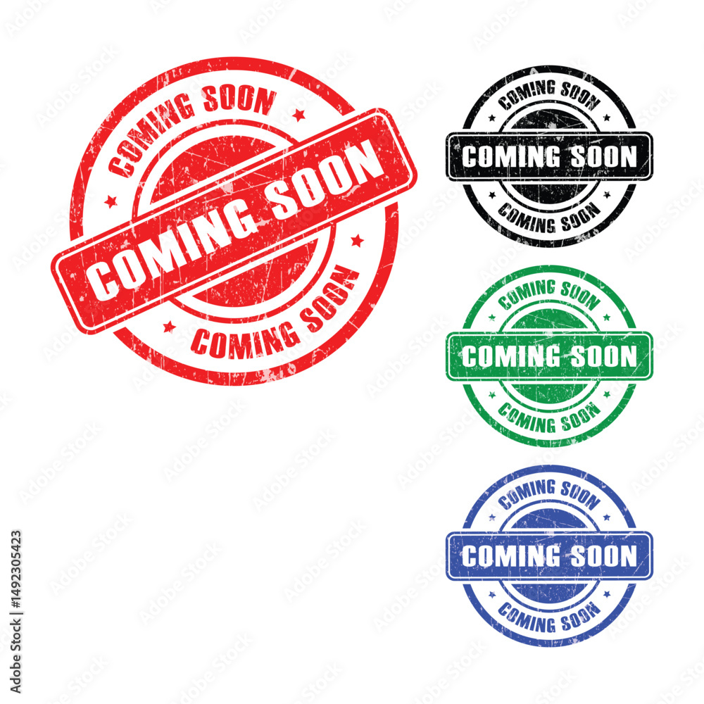 Obraz premium Coming Soon Grunge Stamp Set – Red, Black, Green, and Blue Circular Vector Badges