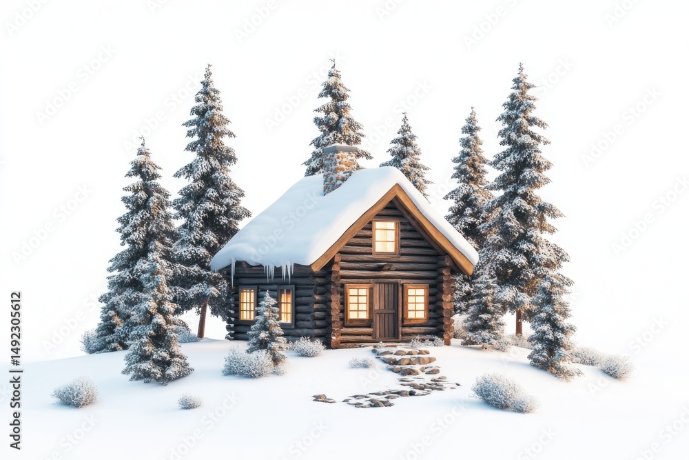 Naklejka premium Cozy log cabin nestled amongst snow covered pine trees in winter landscape. use cases: holiday, travel, christmas, vacation.