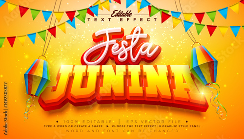 Festa Junina 3D Text Effect Design Editable and Scalable Vector Graphic Style Effect with Typography Lettering and Shadow on Yellow Background. Premium Illustration Template With Party Flag and Paper