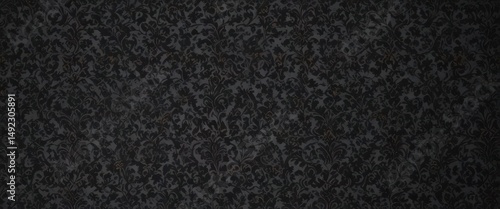 Intricate black damask floral wallpaper; seamless gothic vine pattern, graphics, black