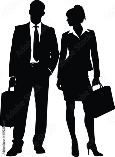 Silhouette of business man and woman standing together with briefcases