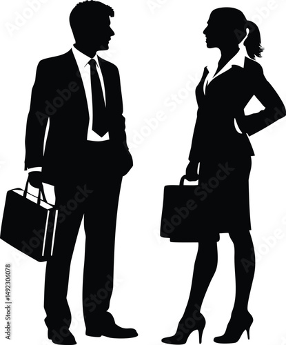 Silhouette of Business Professionals, Meeting and Discussing Strategy, Businessman and businesswoman