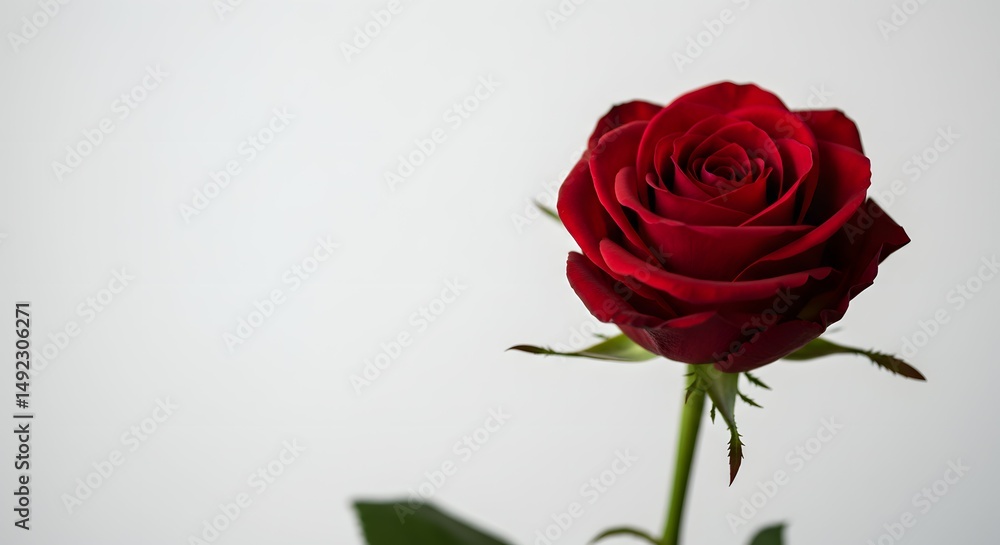 Fototapeta premium Single Deep Red Rose on White Background A Stunning Floral Photograph