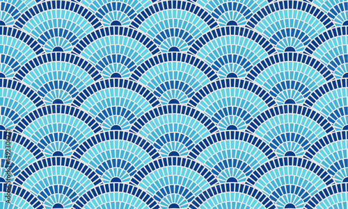 Greek pattern mosaic tile with seamless sea texture and blue background. Rome roman border vector with ocean bathroom stone design. Ancient Mediterranean abstract wave in round circle Italian ornament