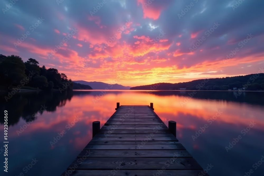 Peaceful lake at twilight, wooden pier, mirrored sky , pier, still Peaceful lake at twilight, wooden pier, mirrored sky , pier, still