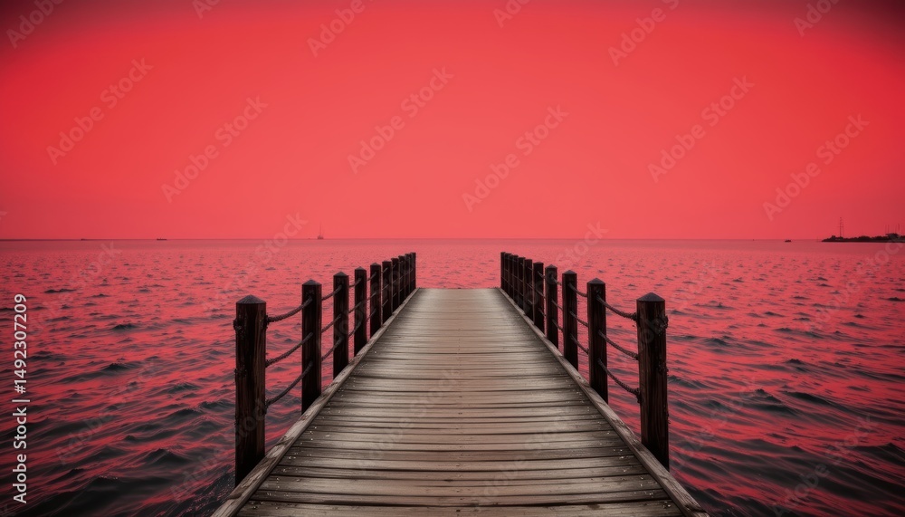 Obraz premium Wooden Pier Extending Into Vibrant Red Ocean Under Dramatic Sunset Sky